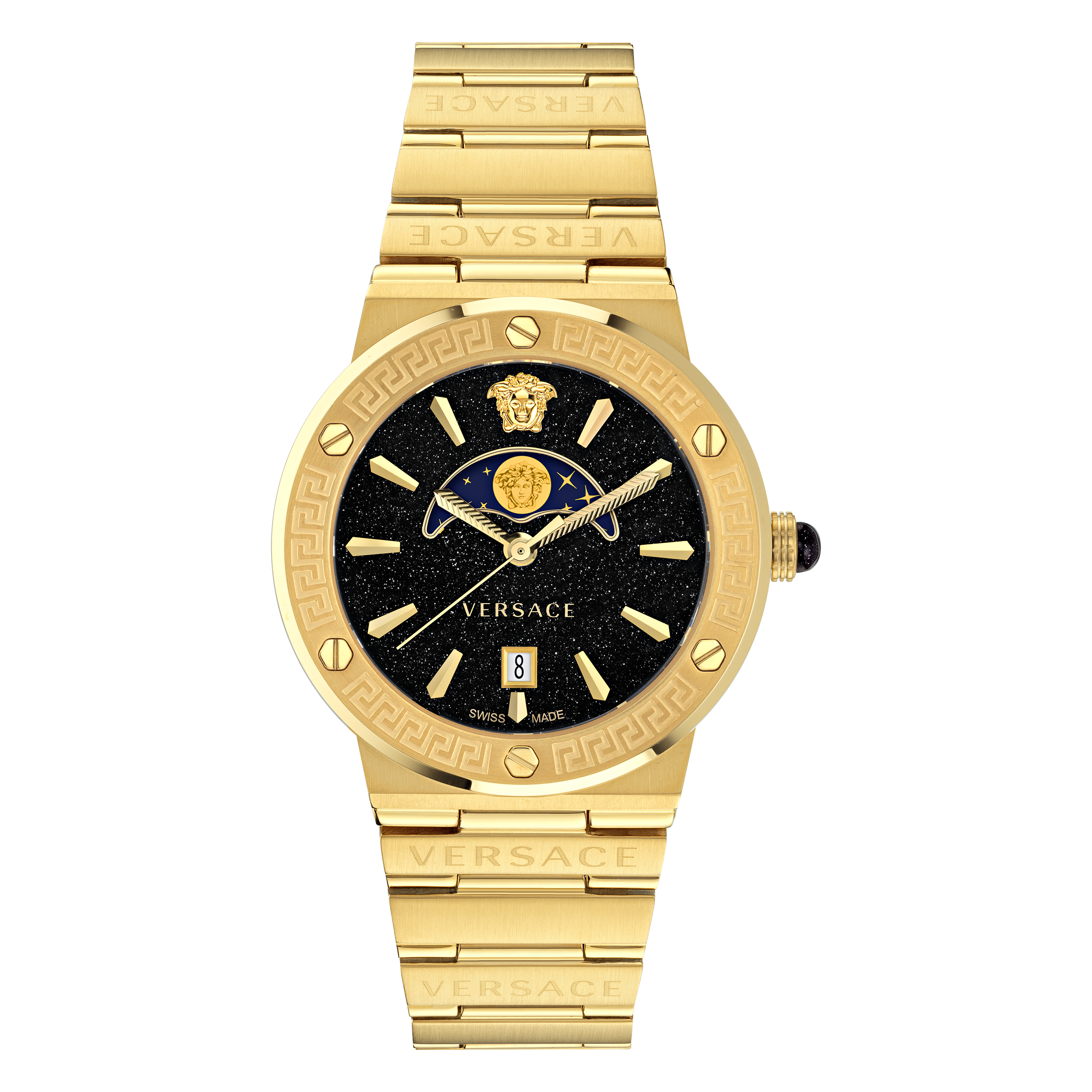 Pre-owned Versace Gold Womens Analogue Watch Greca Logo Moonphase Ve7g00323