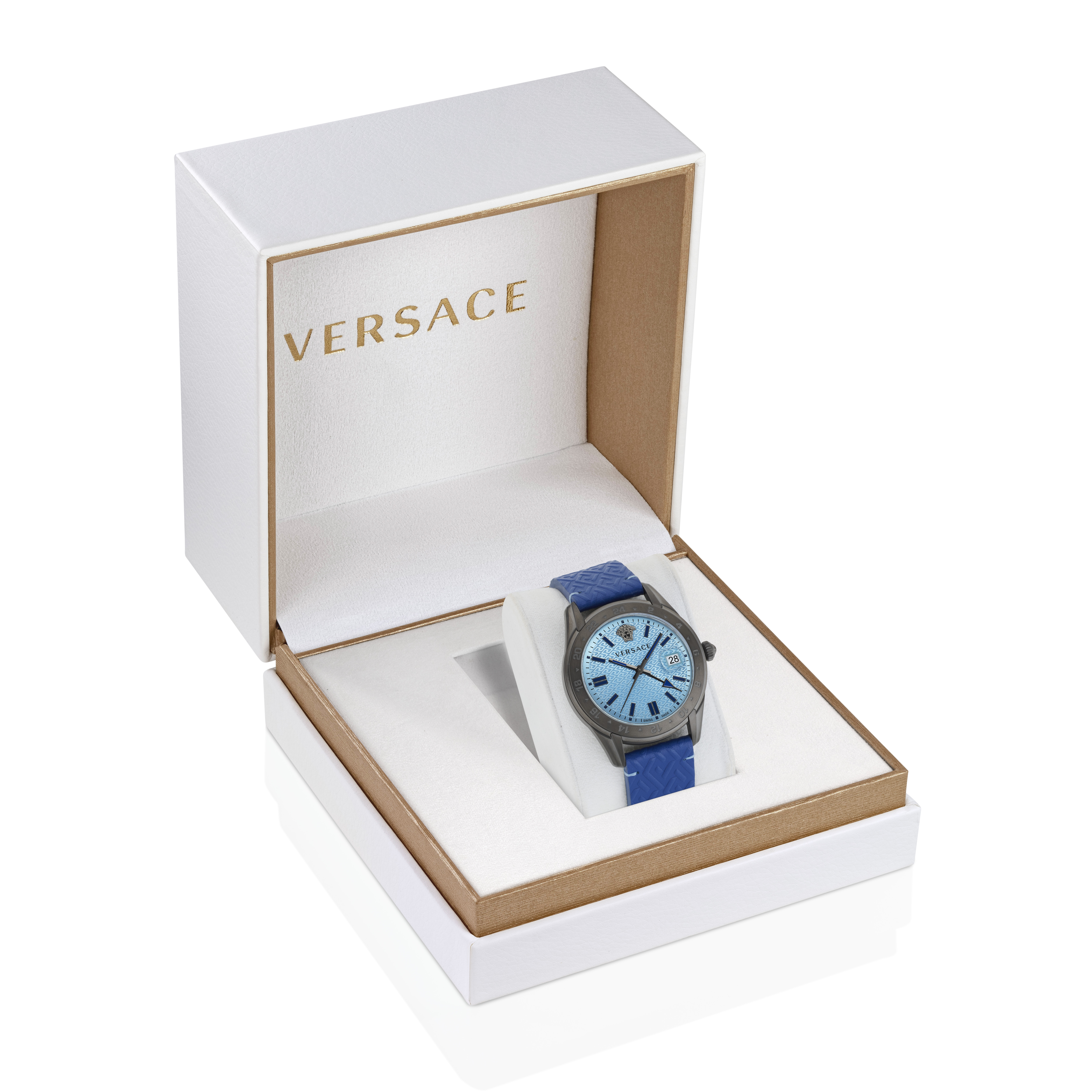 Pre-owned Versace Blue Mens Analogue Watch Greca Time Gmt Ve7c00423