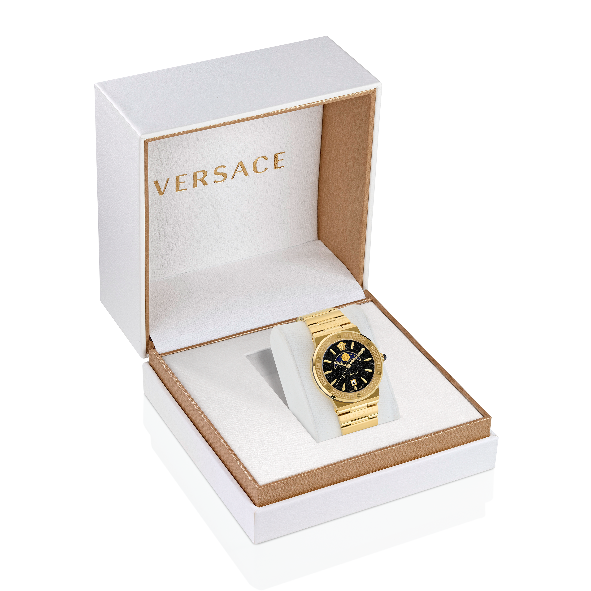 Pre-owned Versace Gold Womens Analogue Watch Greca Logo Moonphase Ve7g00323
